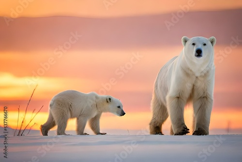 A Polar bear mother (Ursus maritimus) stands proudly at the entrance of a freshly opened den in Wapusk National Park, Canada photo