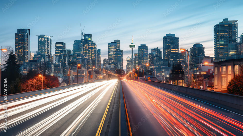 The motion blur of a busy urban highway during the evening rush hour. The city skyline serves as the background, illuminated by a sea of headlights and taillights.