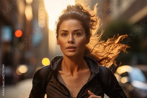 Active woman jogging through urban city streets in early morning - AI Generated