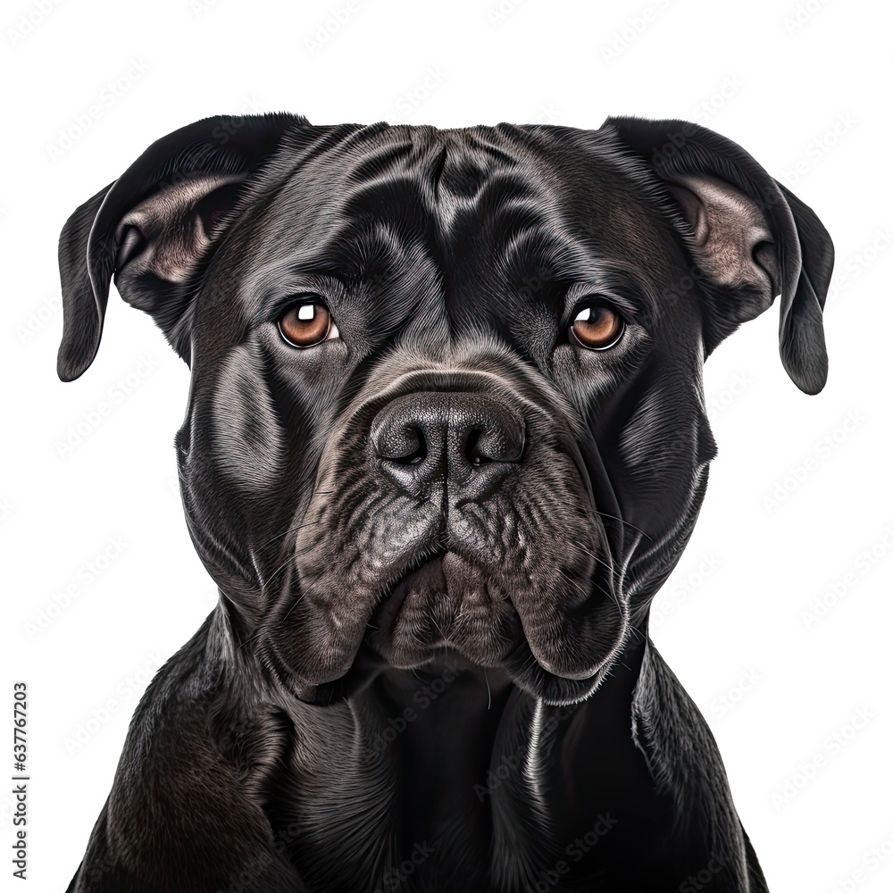 A Cane Corso dog's face in close-up against a clean white background created with Generative AI technology