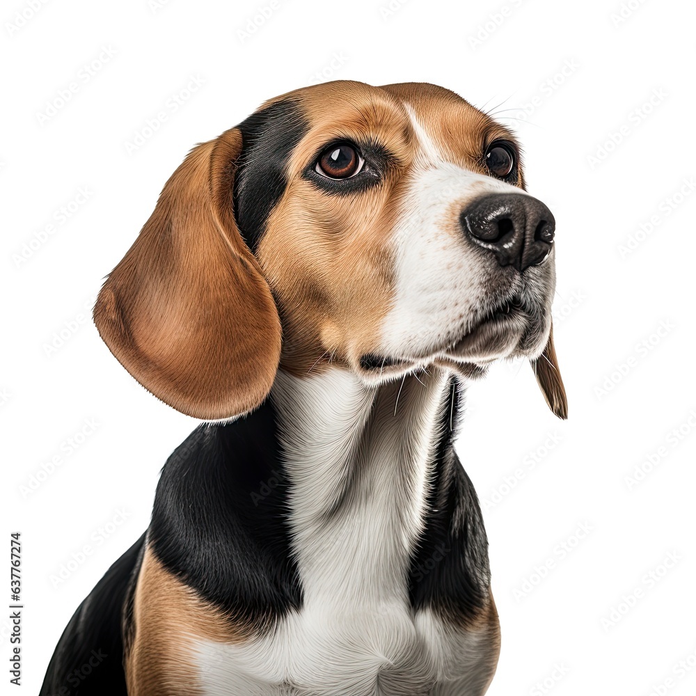 A Beagle dog sitting next to a white wall created with Generative AI technology