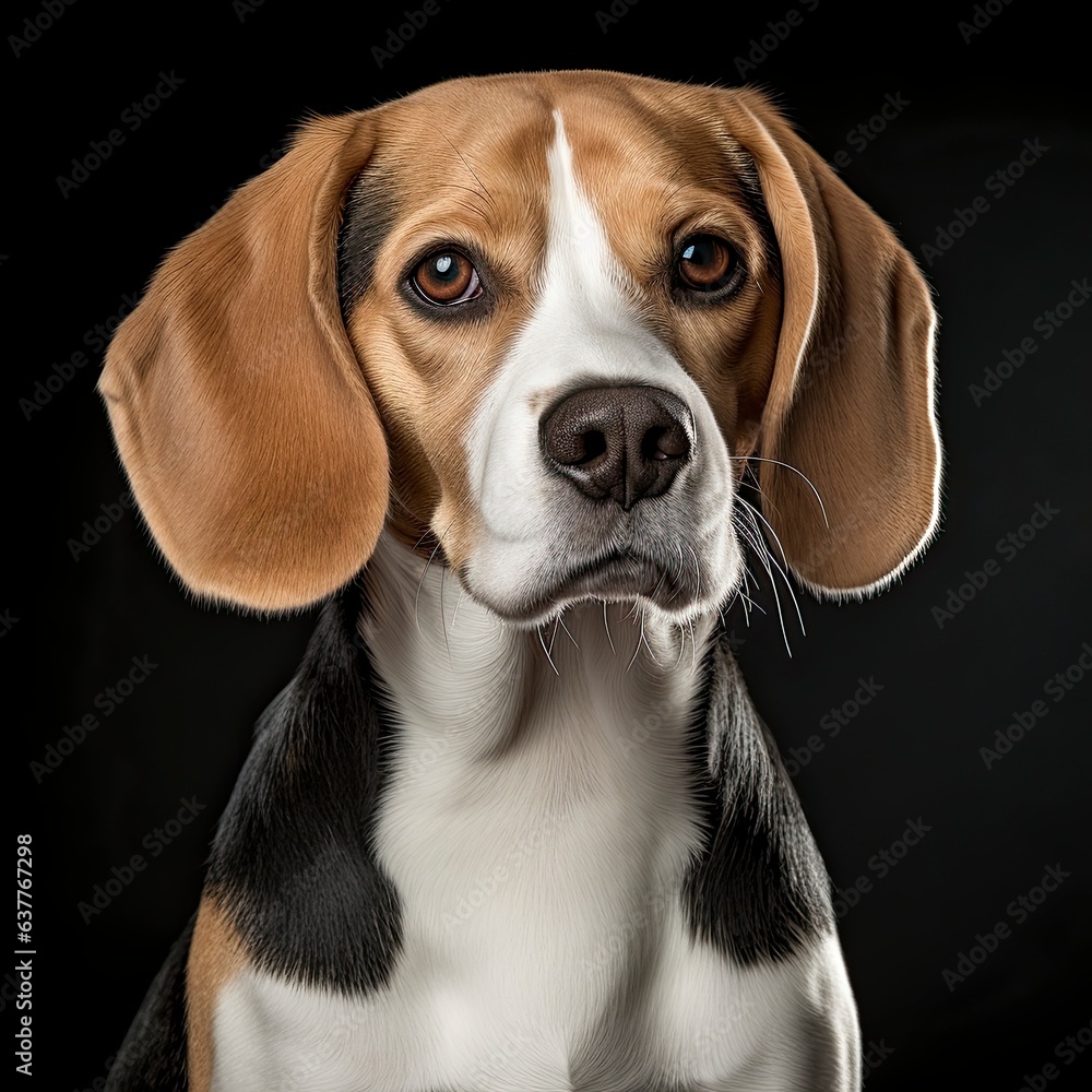 A brown and white Beagle dog sitting on a black background created with Generative AI technology