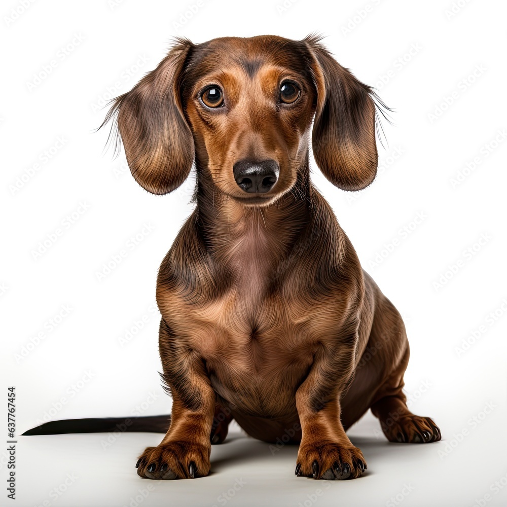 A brown dachshund sitting on a white background created with Generative AI technology