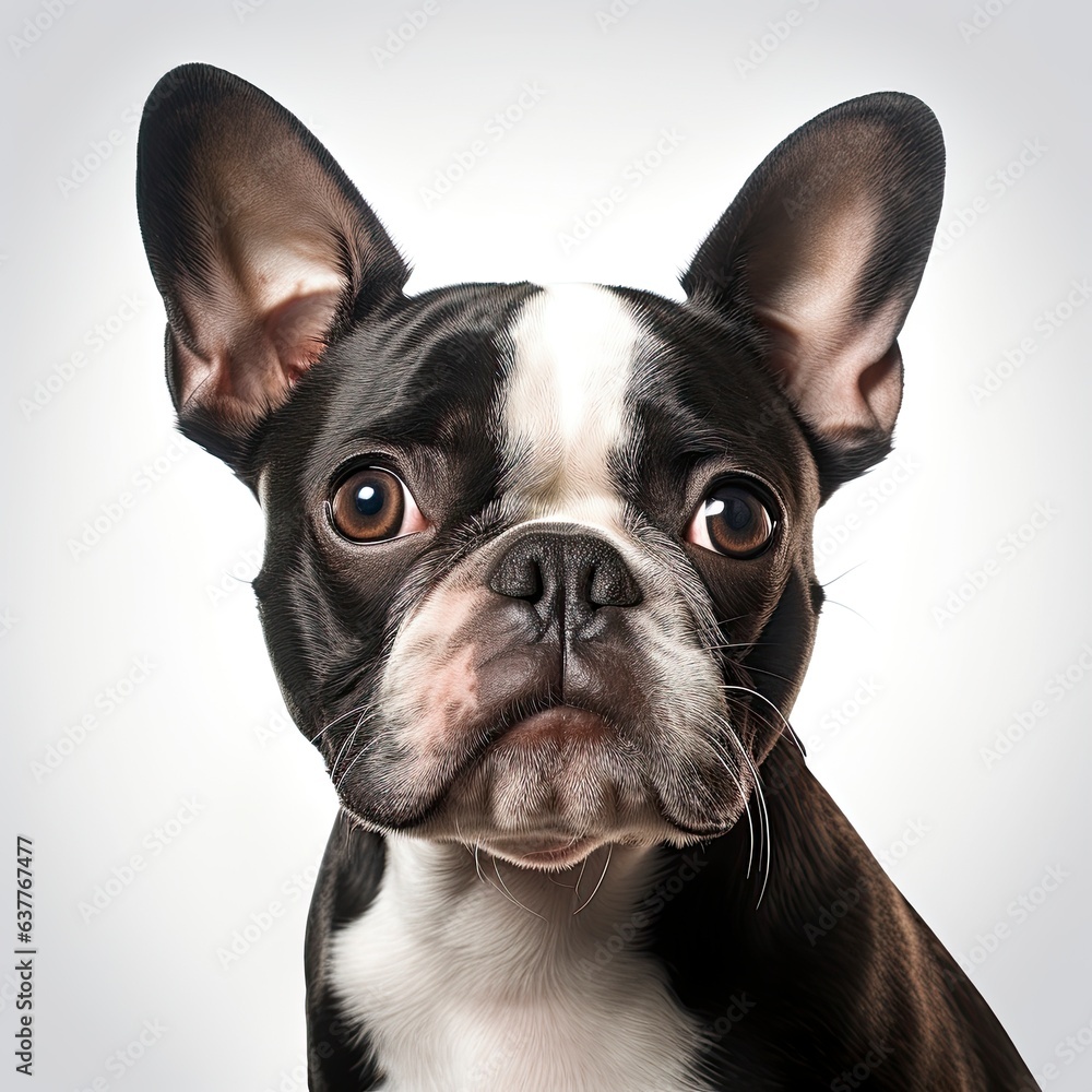 Fototapeta premium A curious black and white Boston Terrier dog staring directly into the camera created with Generative AI technology