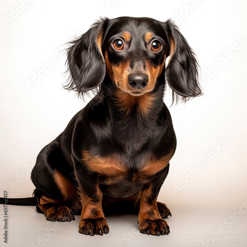 A dachshund sitting on a white background created with Generative AI technology