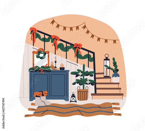 Christmas home interior, stairs in holiday decorations. Indoor steps, house staircase with festive decor, ornament, Xmas tree, garland, lantern. Flat vector illustration isolated on white background