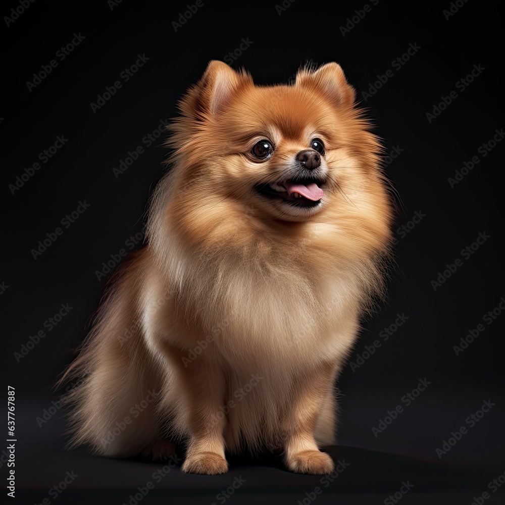 A small brown Pomeranian dog sitting on top of a black floor created with Generative AI technology