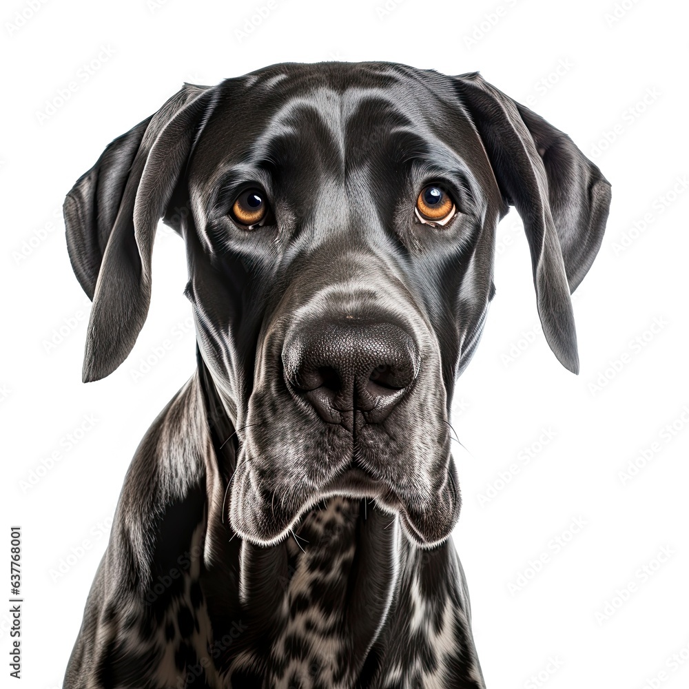 A close-up of a Great Dane dog against a white background created with Generative AI technology