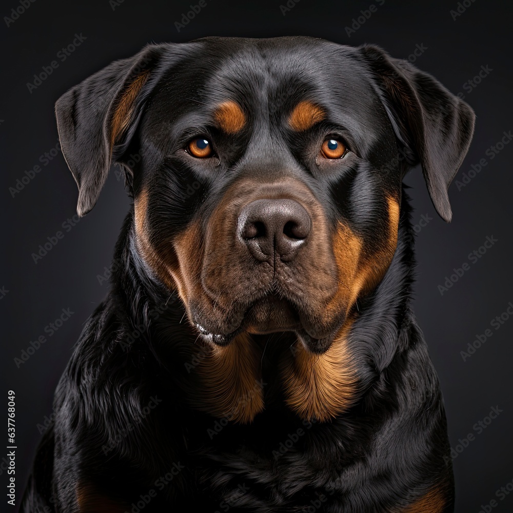 A close-up of a Rottweiler dog on a black background created with Generative AI technology