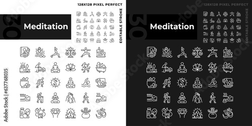 Pixel perfect light and dark mode icons set representing meditation, editable thin line wellness illustration.