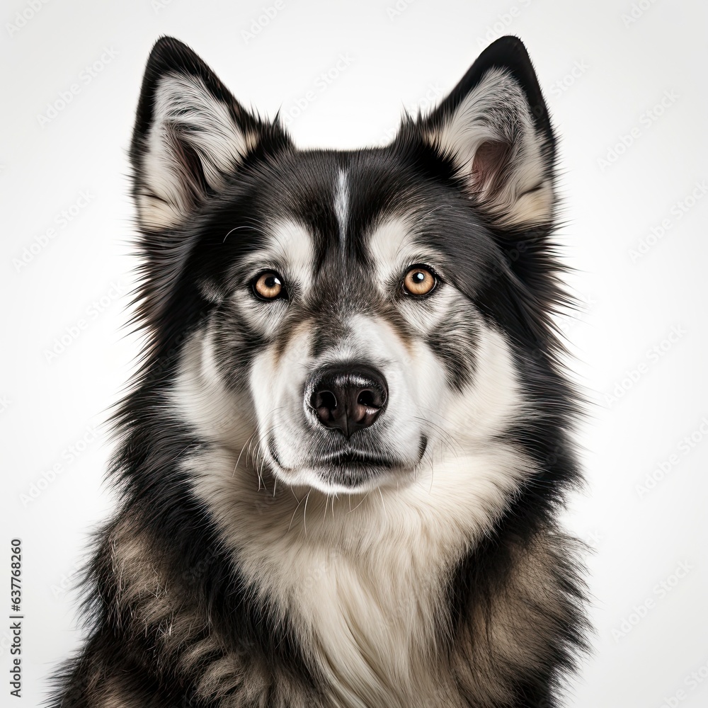 A Siberian Huskie dog's face up close with a clean white background created with Generative AI technology
