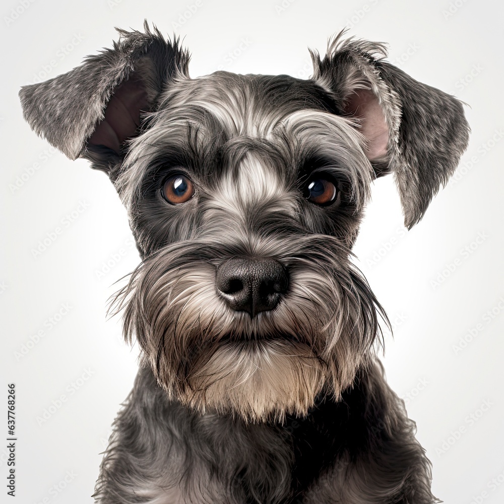 A Miniature Schnauzer dog's face up close against a white background created with Generative AI technology