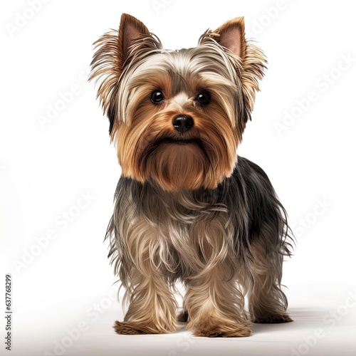 A small Yorkshire Terrier dog standing in front of a white background created with Generative AI technology