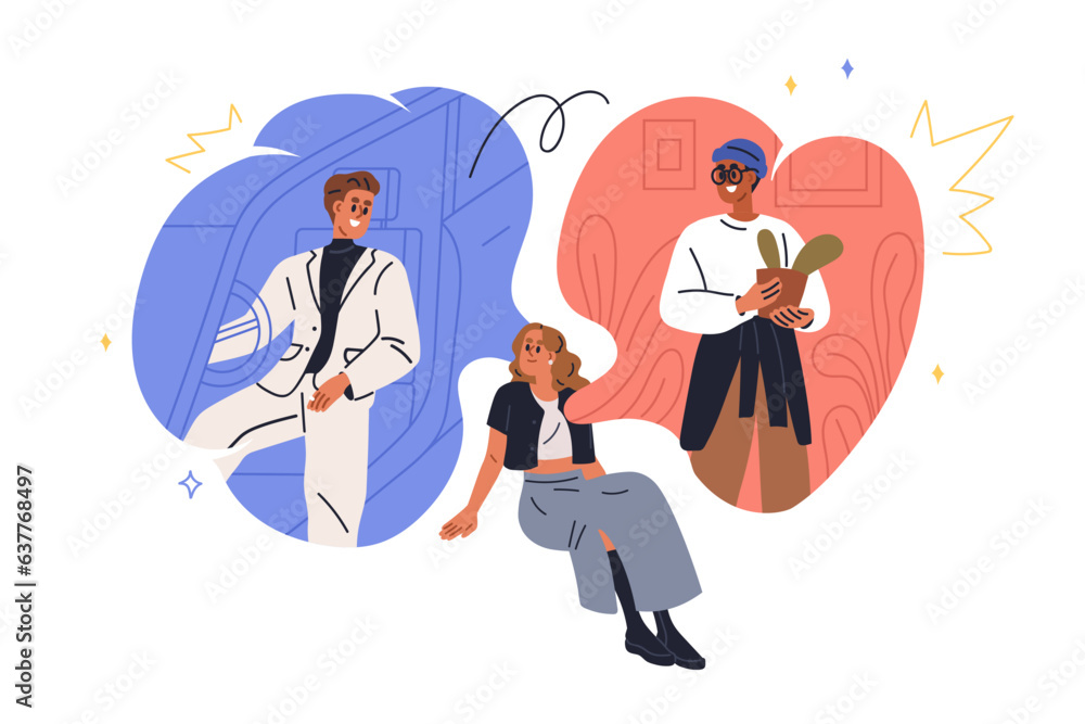 Partner choice, love triangle concept. Woman choosing between two men. Girl picking boyfriend, comparing guys for romantic relationships. Flat vector illustration isolated on white background Partner choice, love triangle concept. Woman choosing between two men. Girl picking boyfriend, comparing guys for romantic relationships. Flat vector illustration isolated on white background
