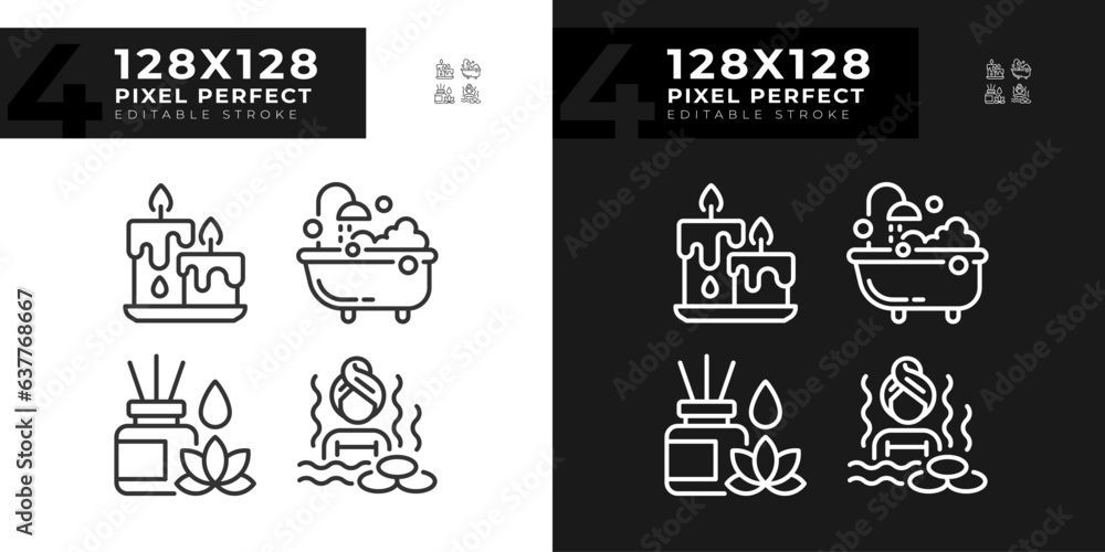 2D light and dark mode icons set representing meditation, editable thin linear wellness illustration.