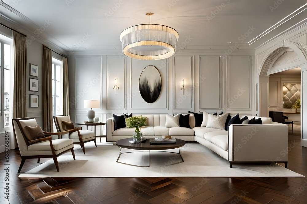 Fototapeta premium Step into the lavish interior of a new luxury home, where a living room exudes an air of refined comfort. Hardwood floors lend an air of timeless elegance to the space, while the seamless flow reveals