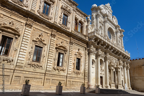 LECCE, ITALY, JULY 12, 2022 - View of the Basilica of Holy Cross (Santa Croce) in the historic center of Lecce, Puglia, Italy