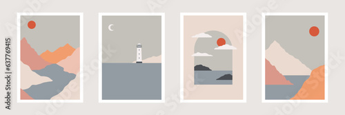 retro abstract sea landscape prints, nature posters, minimalist mountain landscape wall art, lighthouse, vector illustration