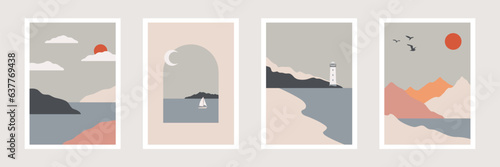 retro abstract sea landscape prints, nature posters, minimalist mountain landscape wall art, boat, lighthouse, vector illustration
