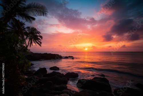 A beautiful sunset over the ocean with palm trees