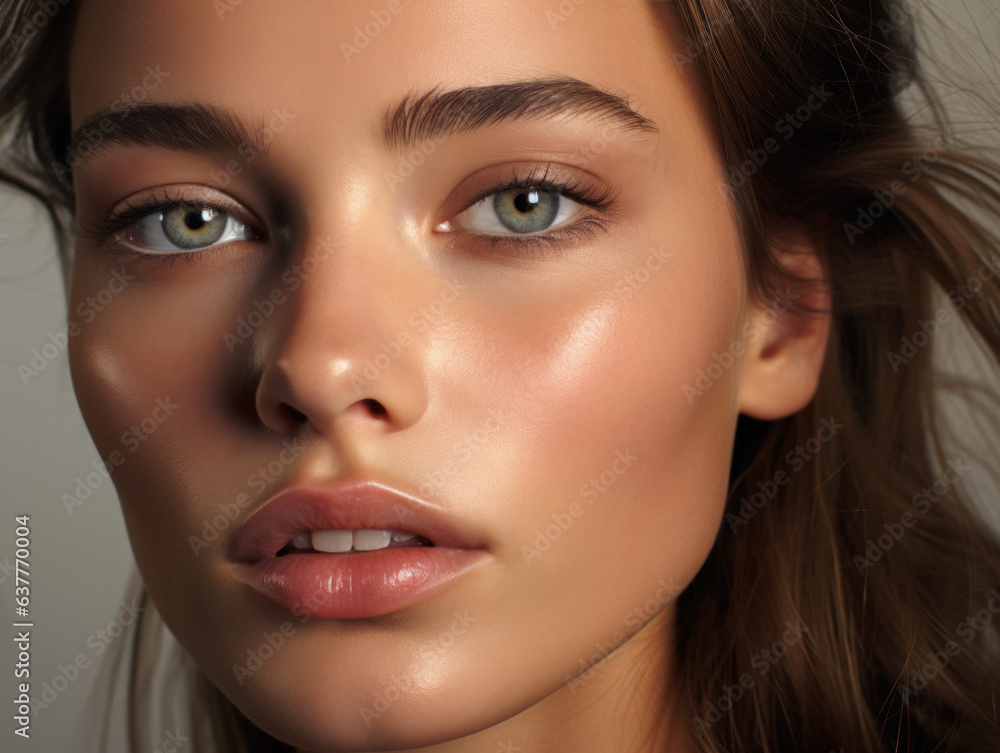 Close-up of a beautiful dewy fresh skin Caucasian woman in her 20s, looking at the camera, the model has long brown hair, professional lighting shot on the studio background Close-up of a beautiful dewy fresh skin Caucasian woman in her 20s, looking at the camera, the model has long brown hair, professional lighting shot on the studio background