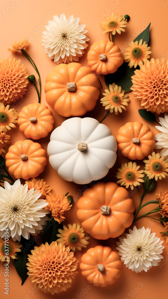 Autumn composition with pumpkins and flowers on orange background, Flat lay. Halloween concept. Autumn composition with pumpkins and flowers on orange background, Flat lay. Halloween concept.