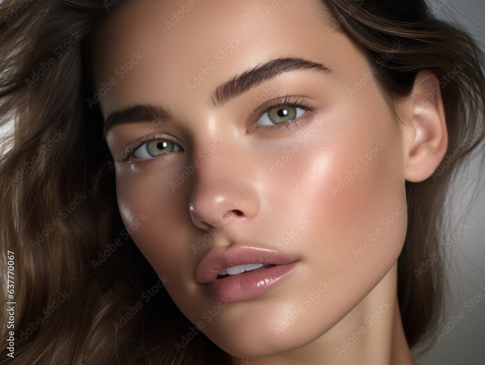 Close-up of a beautiful dewy fresh skin Caucasian woman in her 20s, looking at the camera, the model has long brown hair, professional lighting shot on the studio background Close-up of a beautiful dewy fresh skin Caucasian woman in her 20s, looking at the camera, the model has long brown hair, professional lighting shot on the studio background