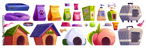 Dog pet shop store with toy vector cartoon illustration. Petshop interior with kennel carrier cage, care accessories, food product and bowl isolated equipment with paw package design element set.