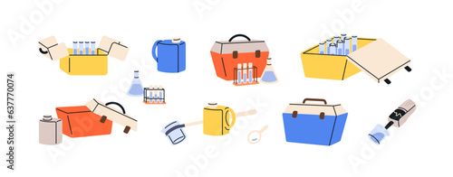 Laboratory equipment set. Chemical lab boxes, cases, science test tools, glass tubes, flasks. Scientific appliances, stuff for sampling. Flat graphic vector illustrations isolated on white background