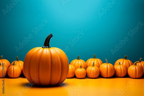 Orange pumpkins on a blue background with copy space. Halloween concept.