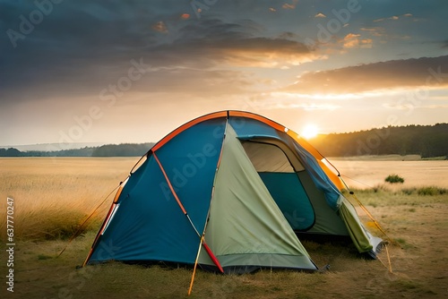 Outdoor camping photo. tent in the middle of nature, beautiful landscape. natural, protected area