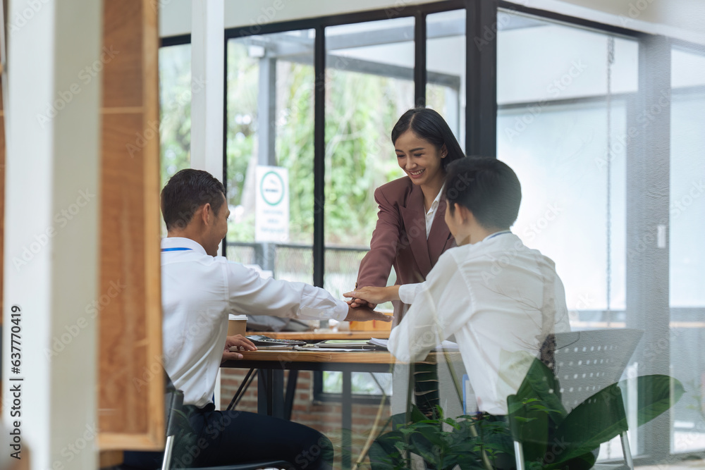 Chief and employees Colleagues gather in boardroom brainstorm discuss financial statistics together Chief and employees Colleagues gather in boardroom brainstorm discuss financial statistics together