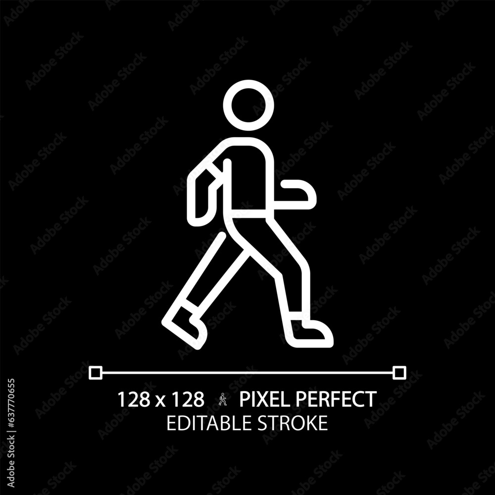2D pixel perfect editable white walking icon, isolated vector, thin line illustration.