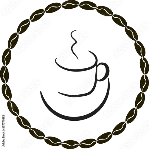 Coffee shop logo - cofee beans frame and a cup. Vector illustration isolated