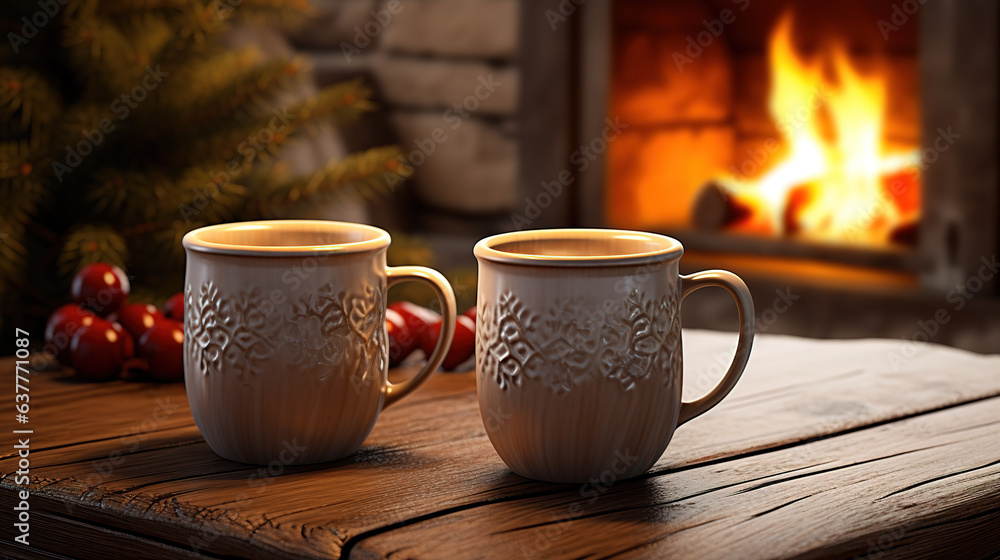 Fototapeta premium Christmas, two cups of tea on the table, the fireplace is lit.