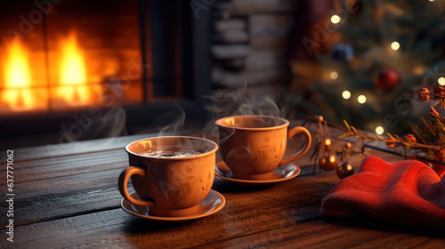 Christmas, two cups of tea on the table, the fireplace is lit. 