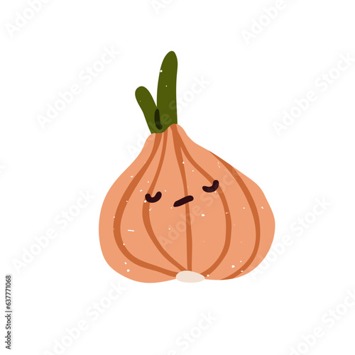 Sad upset onion. Cute vegetable, desperate face expression. Food character with unhappy depressed miserable emotion. Veggie in bad mood. Kids flat vector illustration isolated on white background