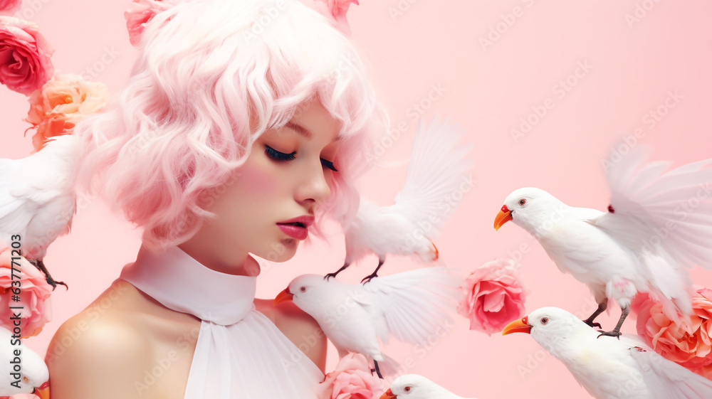 Portrait of beautiful woman with birds and flowers Portrait of beautiful woman with birds and flowers
