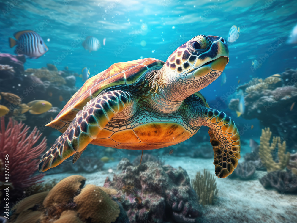 Cute sea little turtle swimming in the underwater Cute sea little turtle swimming in the underwater
