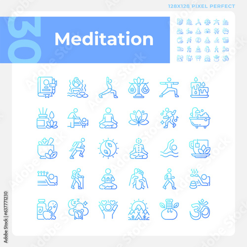 Pixel perfect gradient icons set representing meditation, blue thin line wellness illustration.