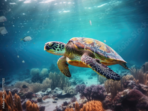 Sea turtle swims under blue water © Artemiy