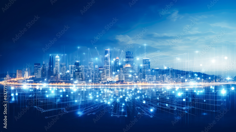Fototapeta premium Skyline von einem Smart City und Datenvisualisierung, generiert mit KI