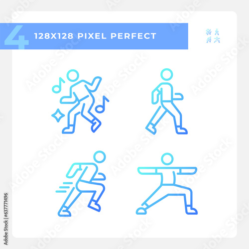 Pixel perfect gradient icons set of fitness, blue thin line wellness illustration.