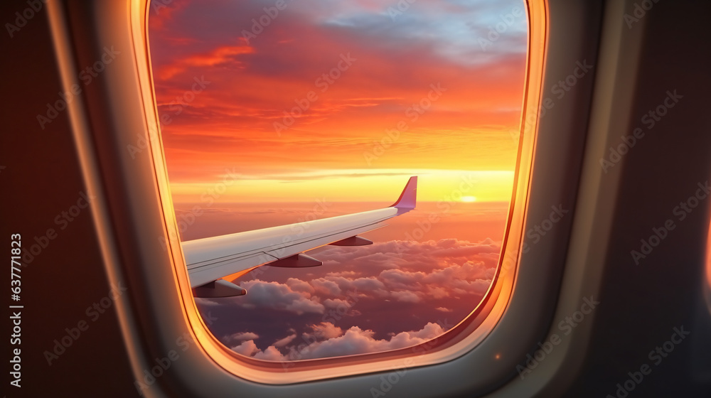 Beautiful sunset sky on the top view airplane flying