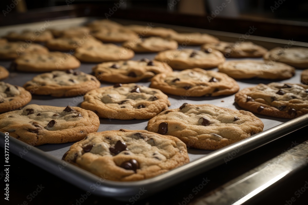 A delicious tray of freshly baked chocolate chip cookies on a rustic wooden table A delicious tray of freshly baked chocolate chip cookies on a rustic wooden table