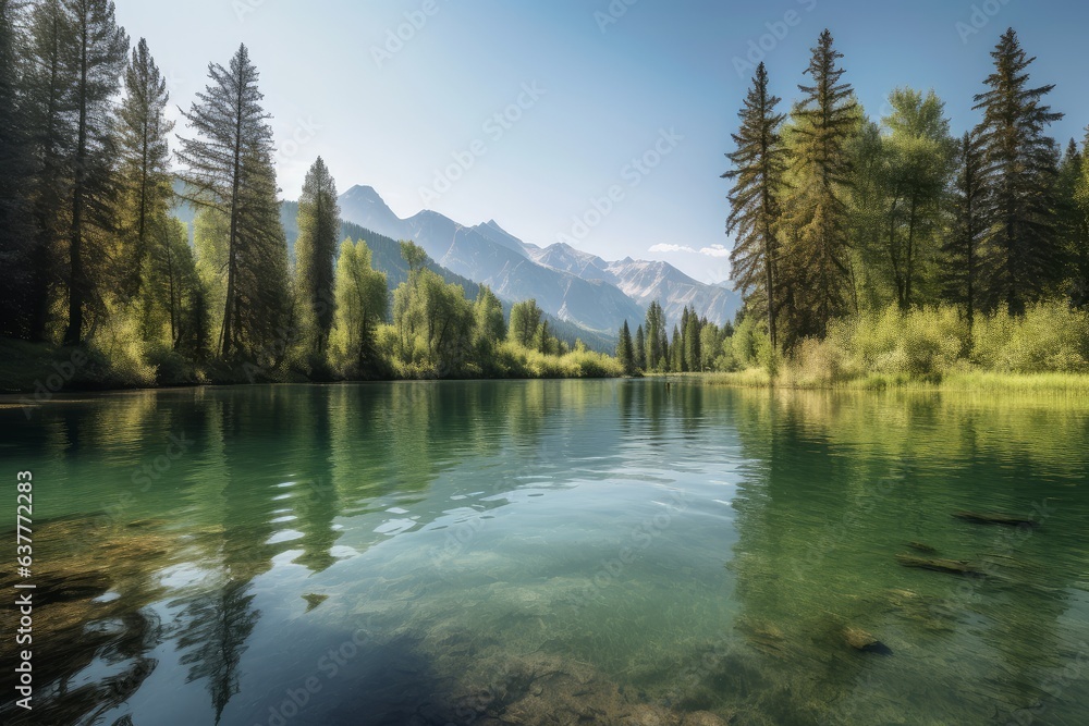 A serene lake nestled among majestic mountains and lush green trees