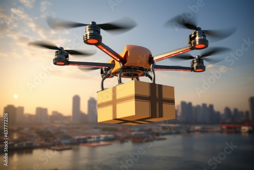 Delivery drone, Autonomous delivery robot, Business air transportation concept. Generative Ai.