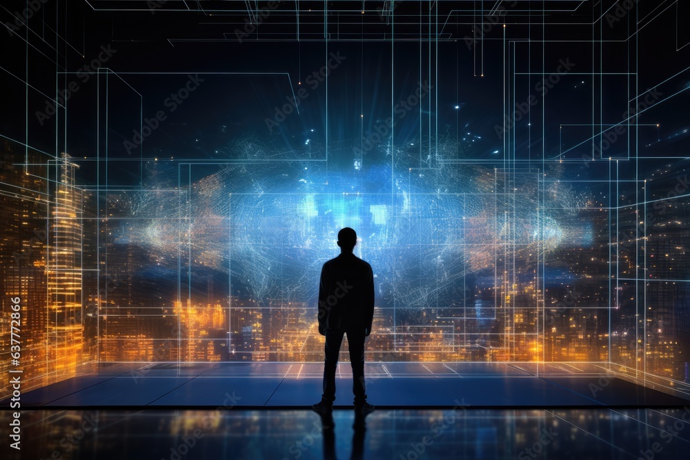 Back view of businessman looking at digital hologram. 3D rendering, A silhouette of a person standing in front of a giant digital screen showing hologram of data flows, AI Generated