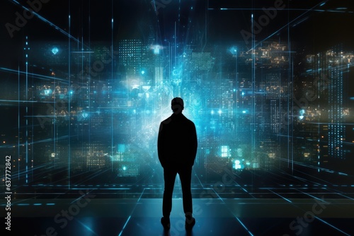 Silhouette of a man in front of a futuristic technological background, A silhouette of a person standing in front of a giant digital screen showing hologram of data flows, AI Generated