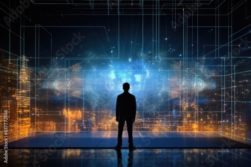Back view of businessman looking at digital hologram. 3D rendering, A silhouette of a person standing in front of a giant digital screen showing hologram of data flows, AI Generated